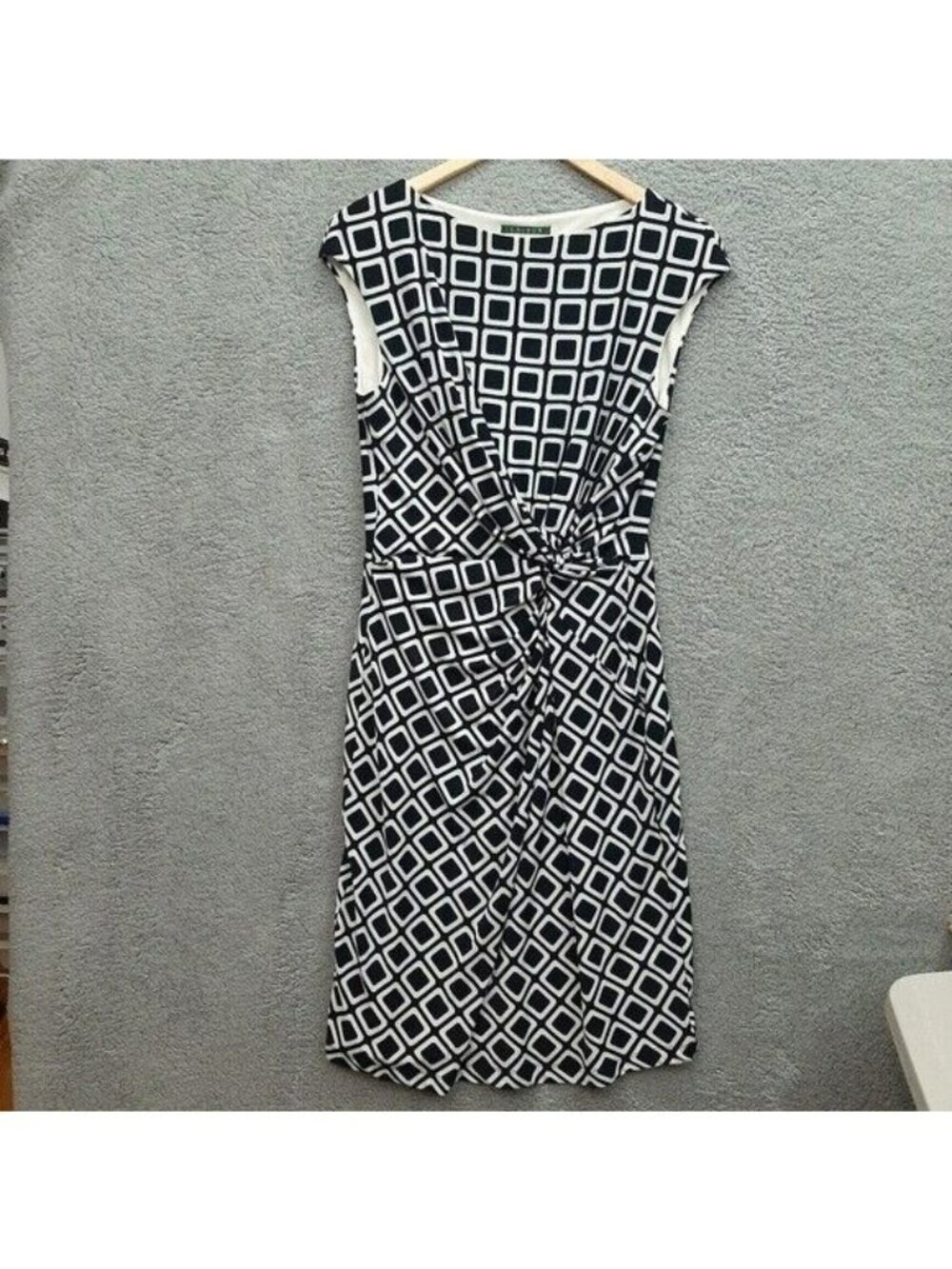 Lauren Ralph Lauren Geometric Print Knot Front Dress Size 12 Navy White